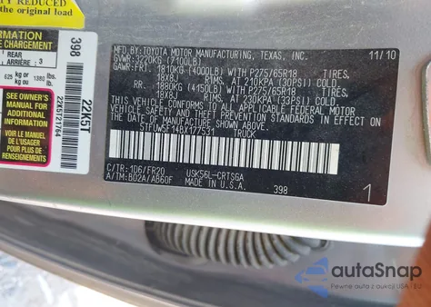 2011 Toyota Tundra Grade 5.7L V8 from USA, damaged, VIN 5TFUW5F14BX177531